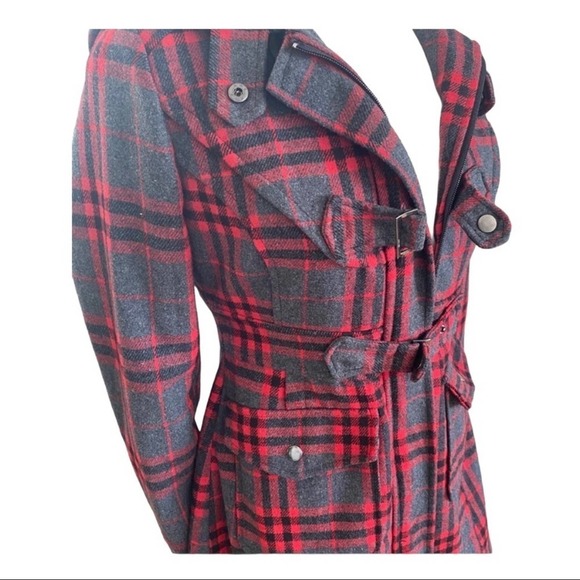 Wet Seal Plaid Red and Gray Wool Pea Coat Small - Picture 2 of 6